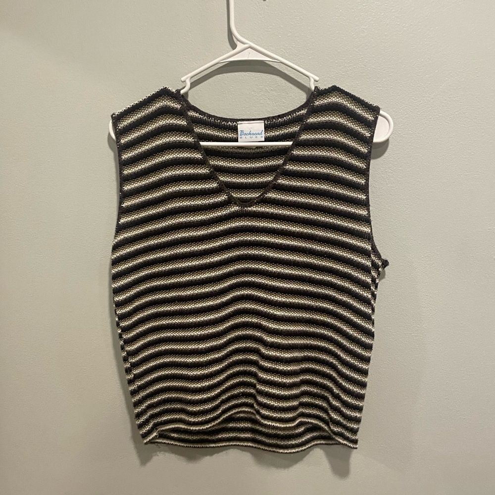 Backroad Blues Size Medium Knit Vintage Sweater Vest Brown Black White Striped